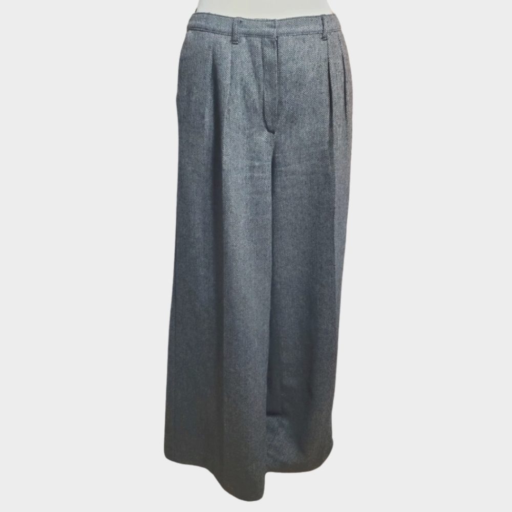 Mango Mid-waisted Pleated Wide-Leg Trousers in Grey Herringbone